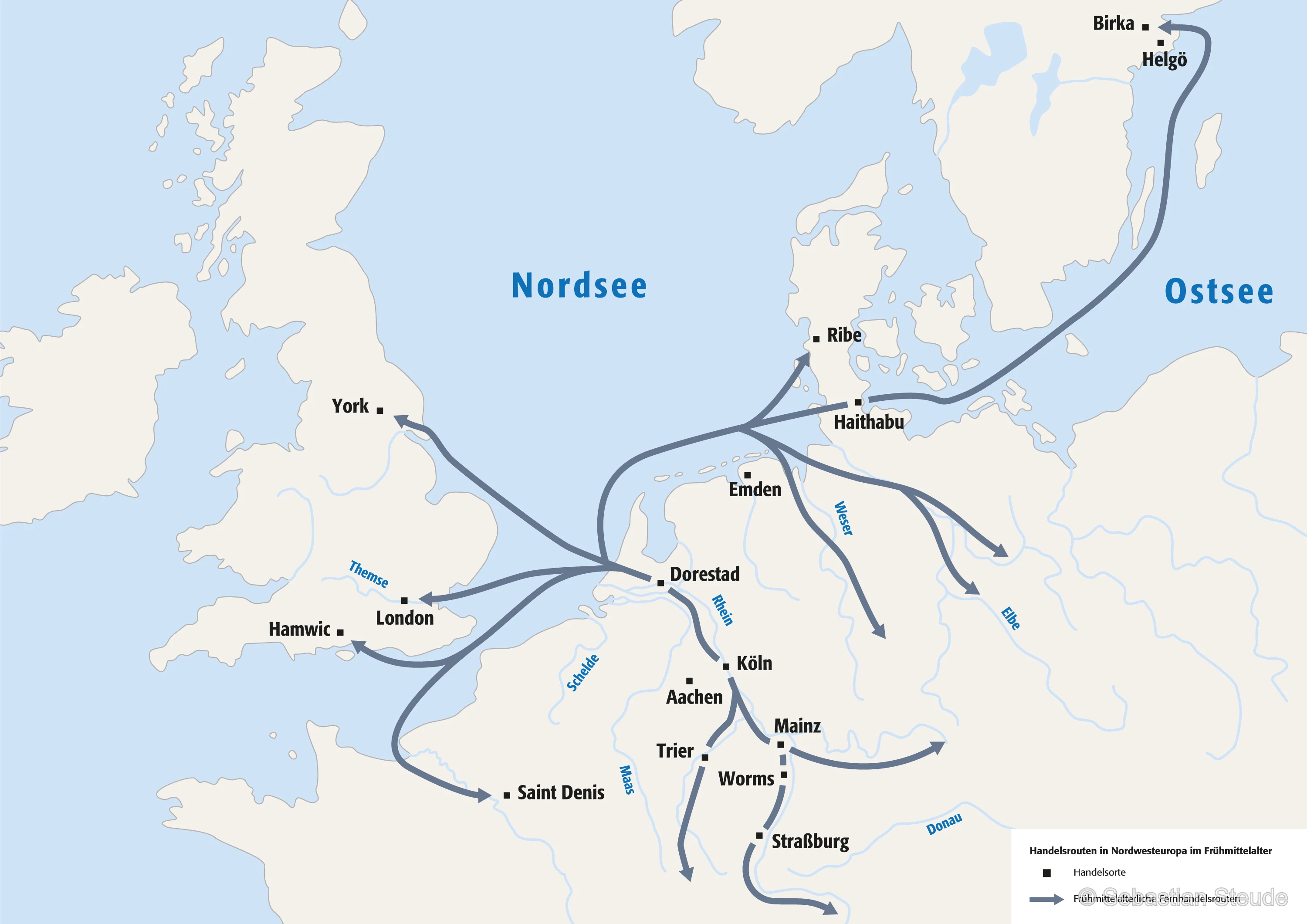 Handelsrouten in Nordwesteuropa im Frühmittelalter – Beispiel einer Übersichtskarte